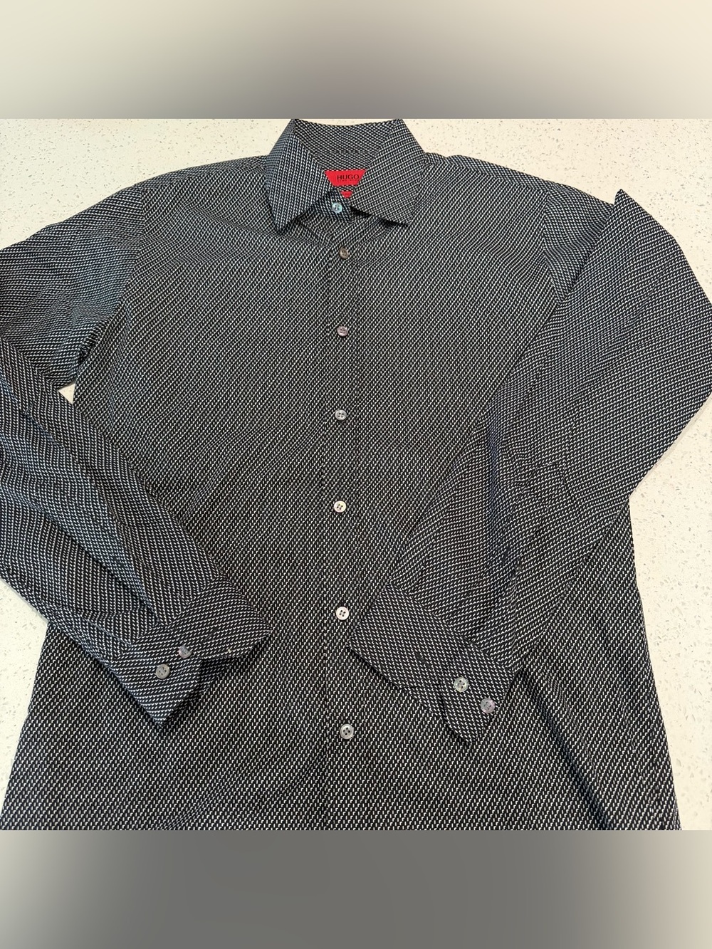 HUGO Men's Black and White Micro-Print Dress Shirt